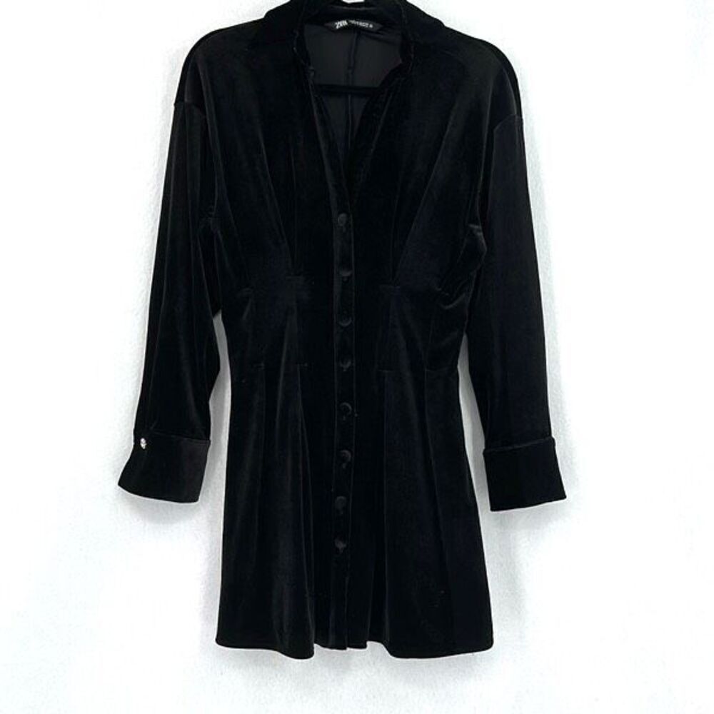 Zara Black Velvet V Neck Long Sleeve Pleated Button Front Shirt Dress Size XS - Picture 2 of 8